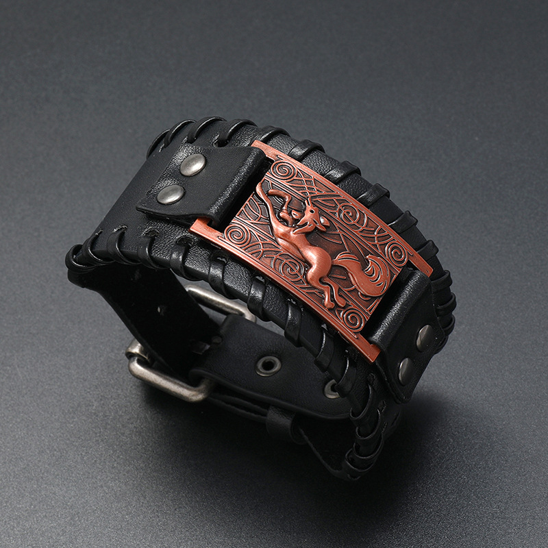 Simple retro Viking fox totem woven leather bracelet