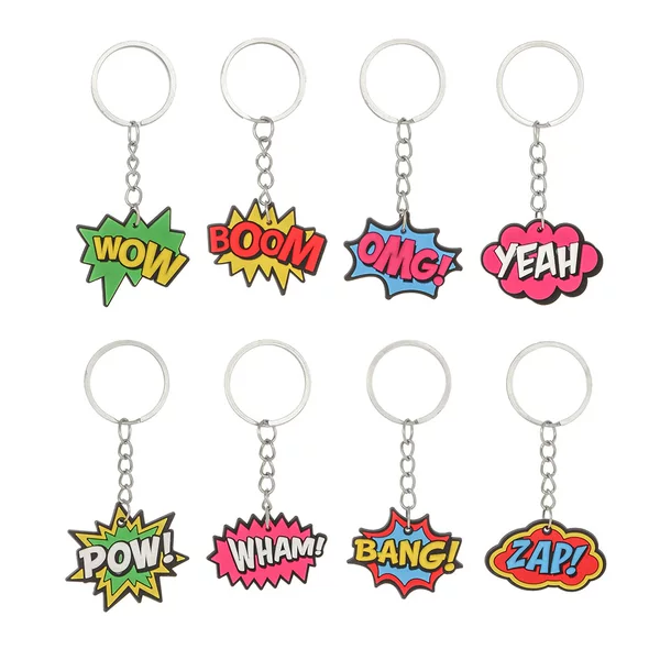 Cross-Border 8 exclamation keychain children's English glue PVC key ring car accessories small gifts