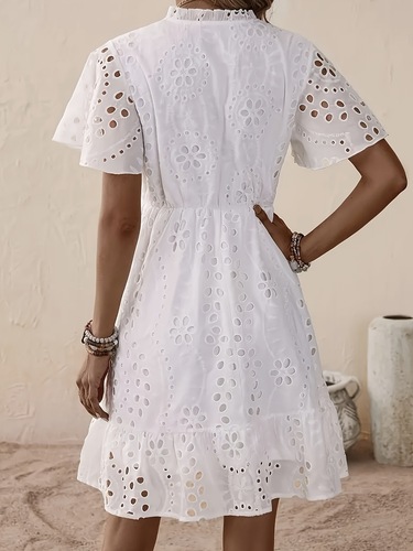 Elegant white V-neck lace embroidery summer dress for ladies, featuring butterfly sleeves and flared hem - semi-transparent