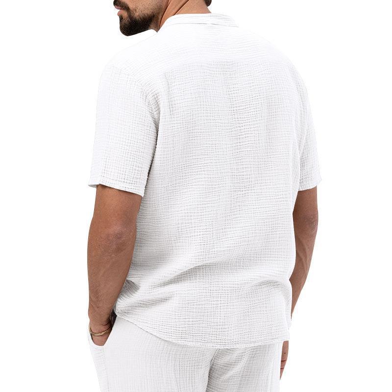 Men's Casual 3-Piece Outfit, Short Sleeve T-Shirt & Shirt With Trousers, Solid Color Summer Lounge Set_viptrois.com