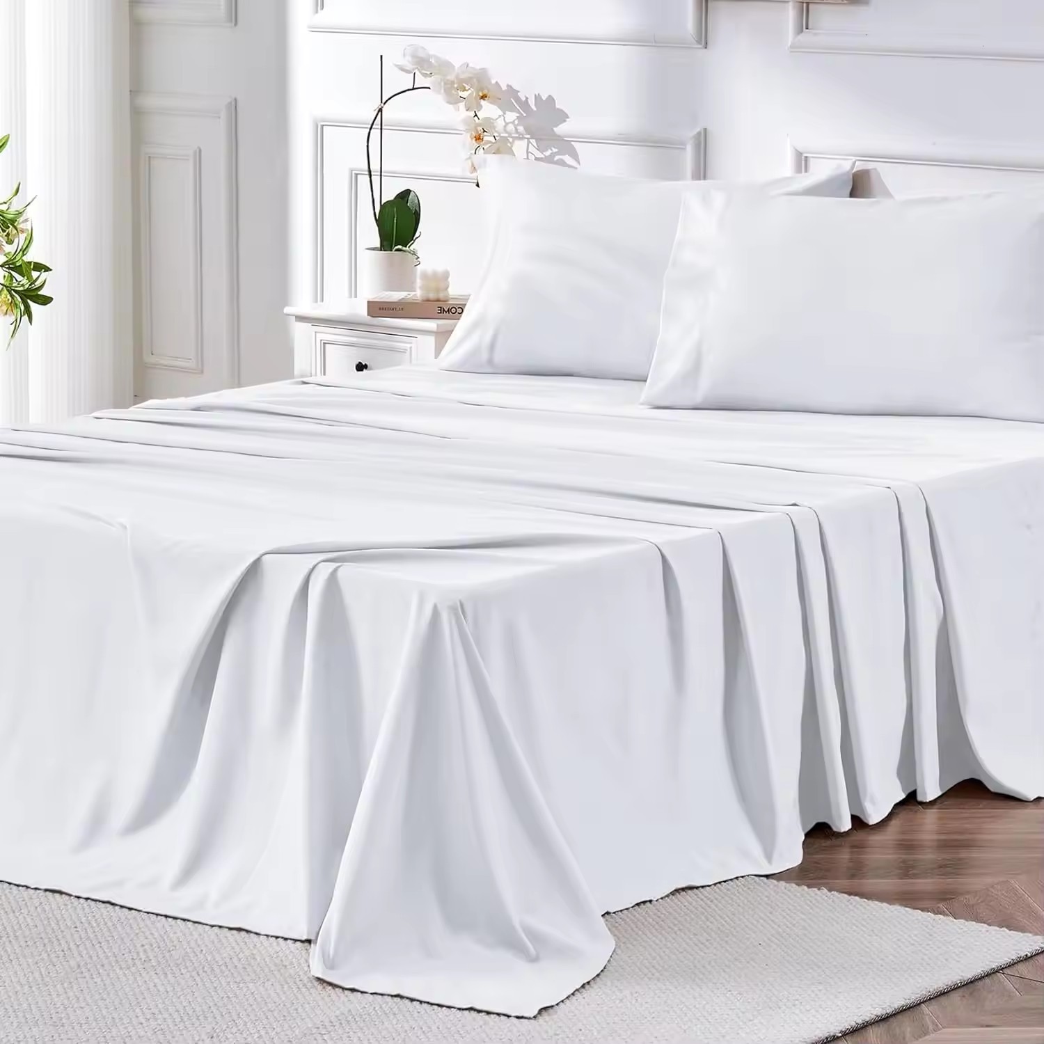Sábana ajustable monocromática de diseño liso de sarga clásica de cuatro piezas de algodón puro de la boutique de Amazon