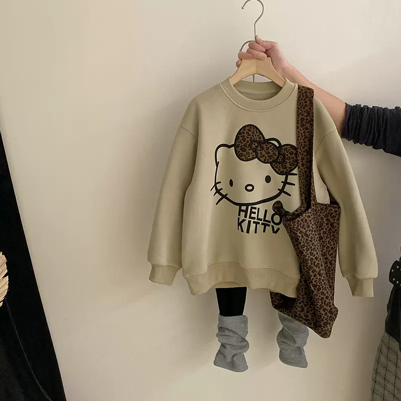 女童2025秋韩系童装卡通小猫卫衣加绒打底衫上衣百搭打底裤两件套