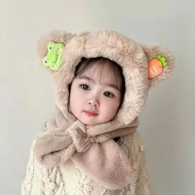 卡通儿童帽子围巾一体围脖保暖男女童毛绒帽秋冬季加绒宝宝护耳帽|undefined