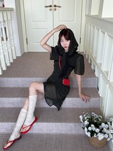 2025新款法式黑色波点圆领连衣裙女夏季新款气质显瘦A字裙短裙子