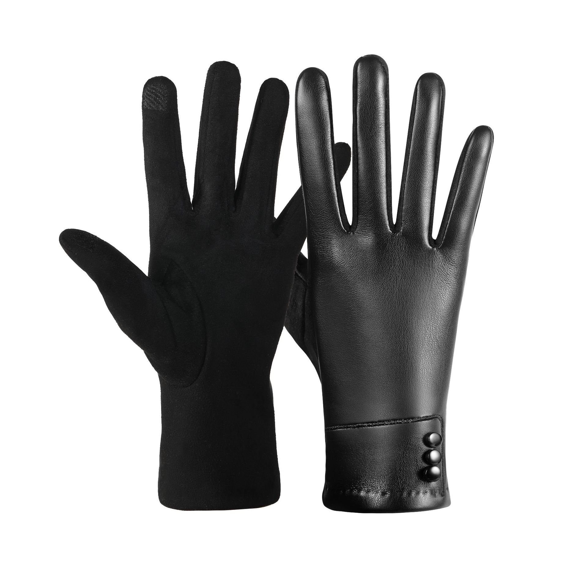 跨境保暖加绒防寒女士仿皮手套女户外骑行高颜值触屏PU皮分指手套