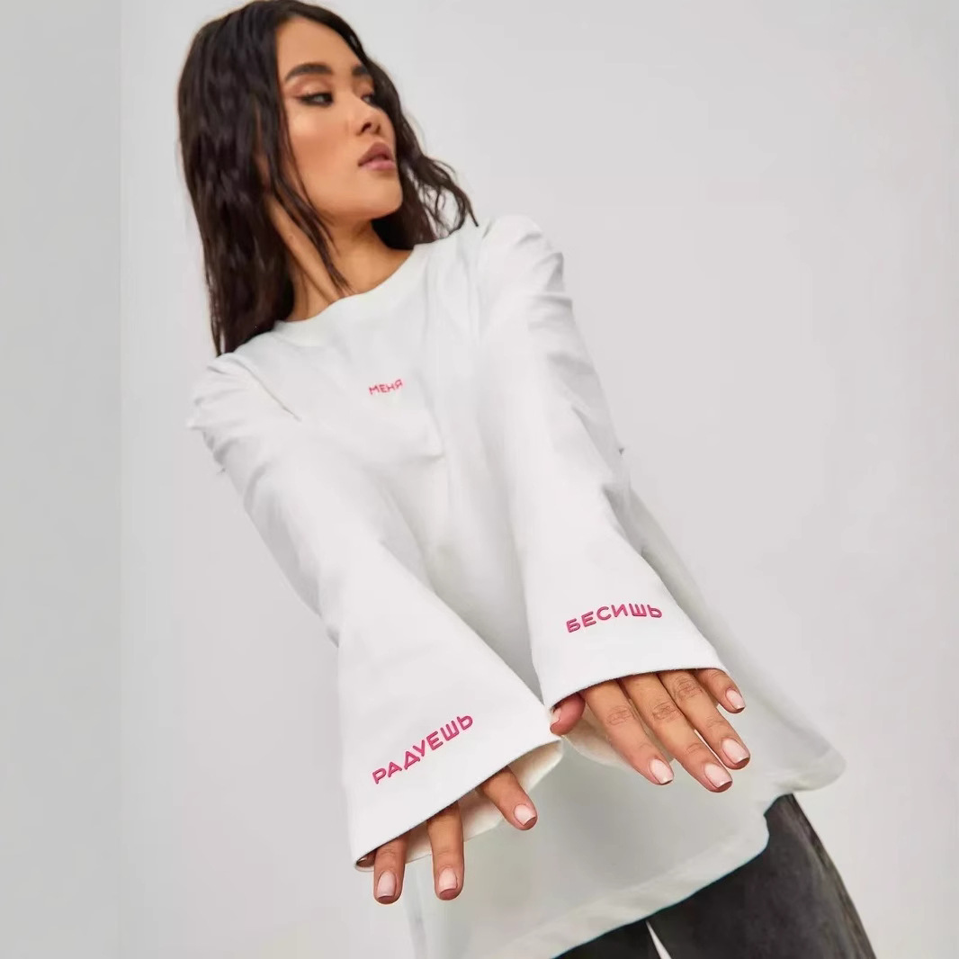 European and American Loose Casual All-match Long-sleeved Simple Personalized Design Sense Printed Round Neck Long-sleeved oversize Top Trendy