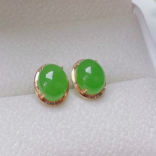 Fubei Diamond Jewelry [18K Gold with Diamond Inlaid with Hetian Jasper Apple Green Dan-Shaped Earrings] Bare Stone Size 7*9mm