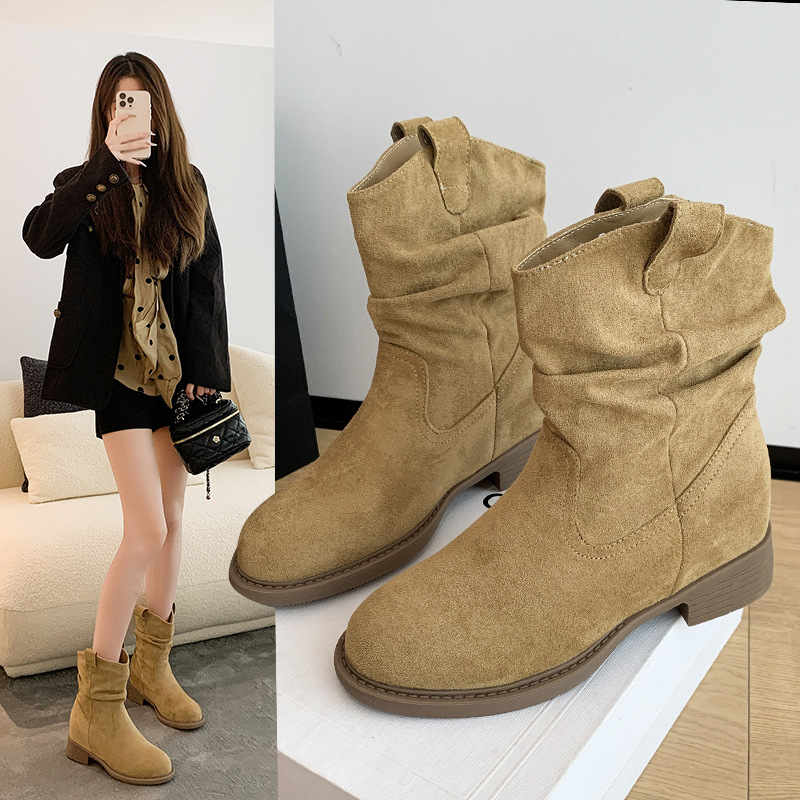 2025 New Style 8cm Height-Increasing Melad Boots for Women, Autumn Mid-Calf Slimming Ruched Vintage Women's Boots