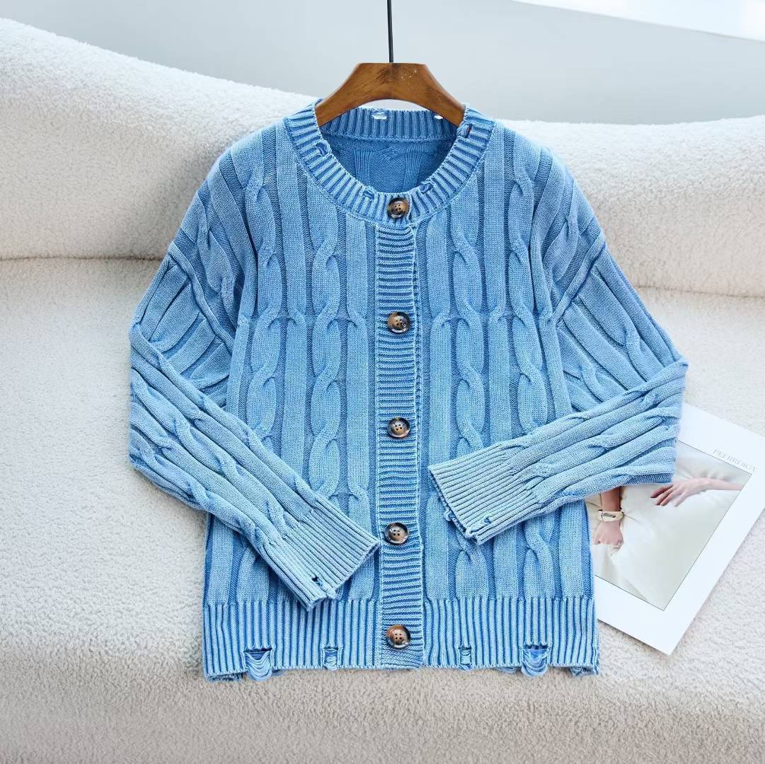 Coreano retro cuello redondo torcido de camisa de punto de mujer otoño y invierno nuevo estilo para hacer viejos agujeros suéter suelto chaqueta de mujer image 11