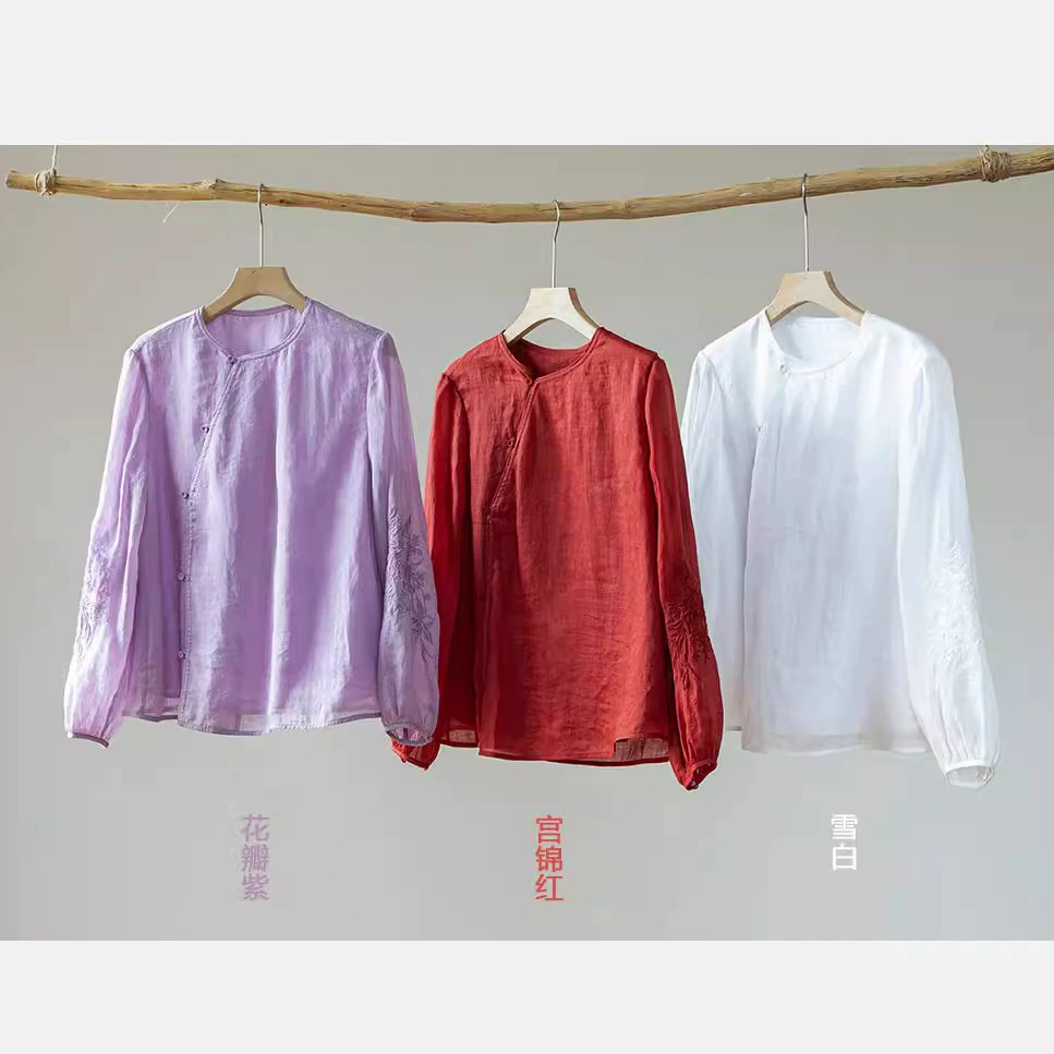 2024 осень новая вышивка рамная рубашка женский легкий дзен литературный топ