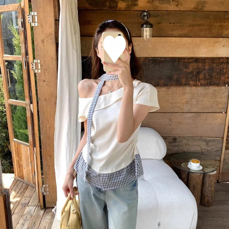 卸売 [40番手レーヨン260グラム] イレギュラーオフショルダー半袖Tシャツ レディース 夏 チェック柄 スプライシング スリム オフショルダー|undefined