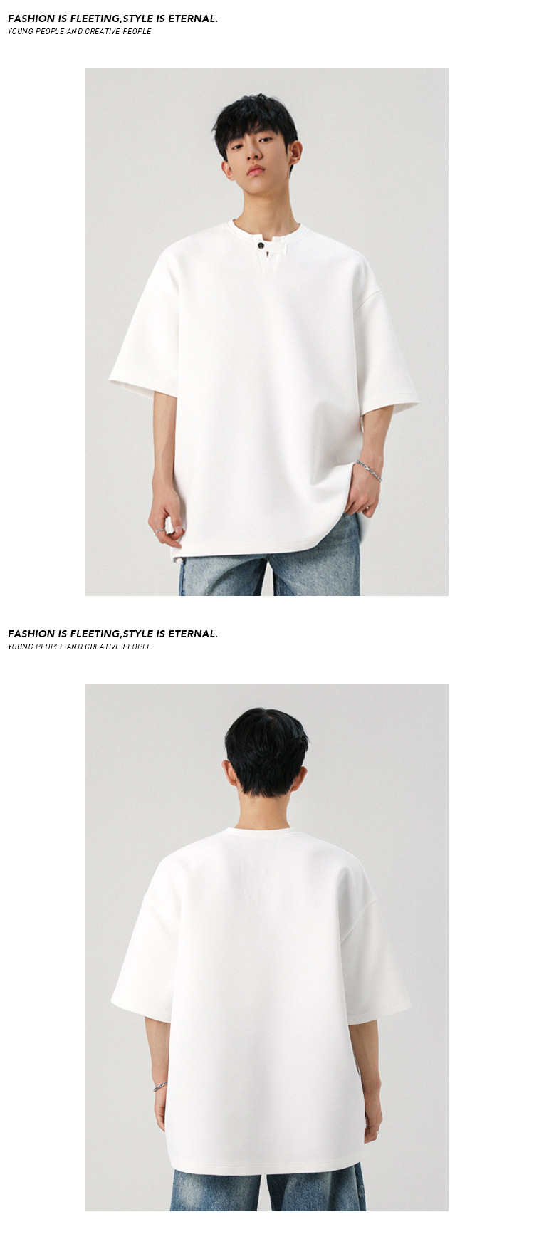 Loose Fit Men's T-shirt High Street Style Solid Colour Summer_voghion.com