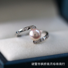 S925银镶钻开口戒镜面强光淡水珍珠白透粉高胖扁珠戒指指环