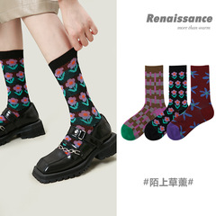 文藝復興原創中筒襪復古小清新花朵女襪保暖精梳棉雙針襪子女批發