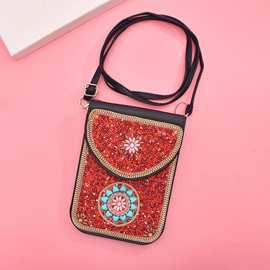 磁扣PU手机包新疆旅游皮带单肩小方包女新款波西米亚米珠松石包包