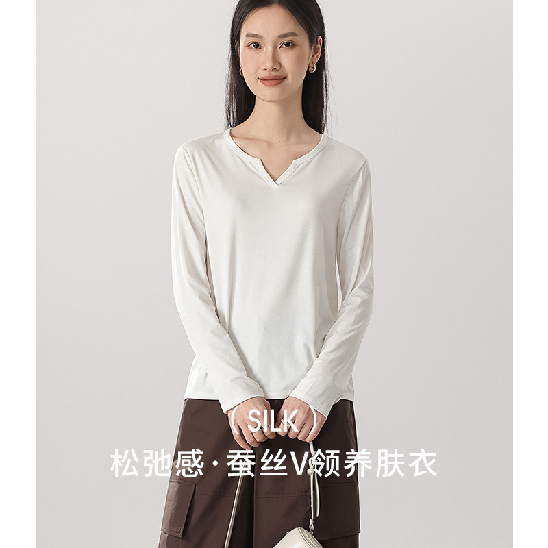 New Women's Silk Long-sleeved T-shirt Thin Slim-fit Dopamine Wearing Muscle Base Clothes Small V-neck Open Placket Base Shirt