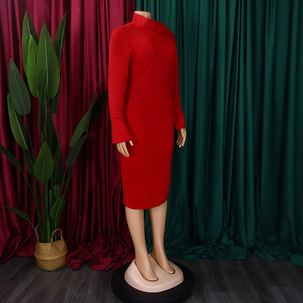 Autumn Winter Long Sleeve Narrow Office Diagonal Collar Solid Color Dress