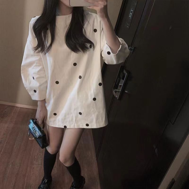 Plus-Size Pure Cotton 150kg Korean Version Age-Reducing Mori Style Cute Polka Dot Loose Slimming Mid-Length Thin Top