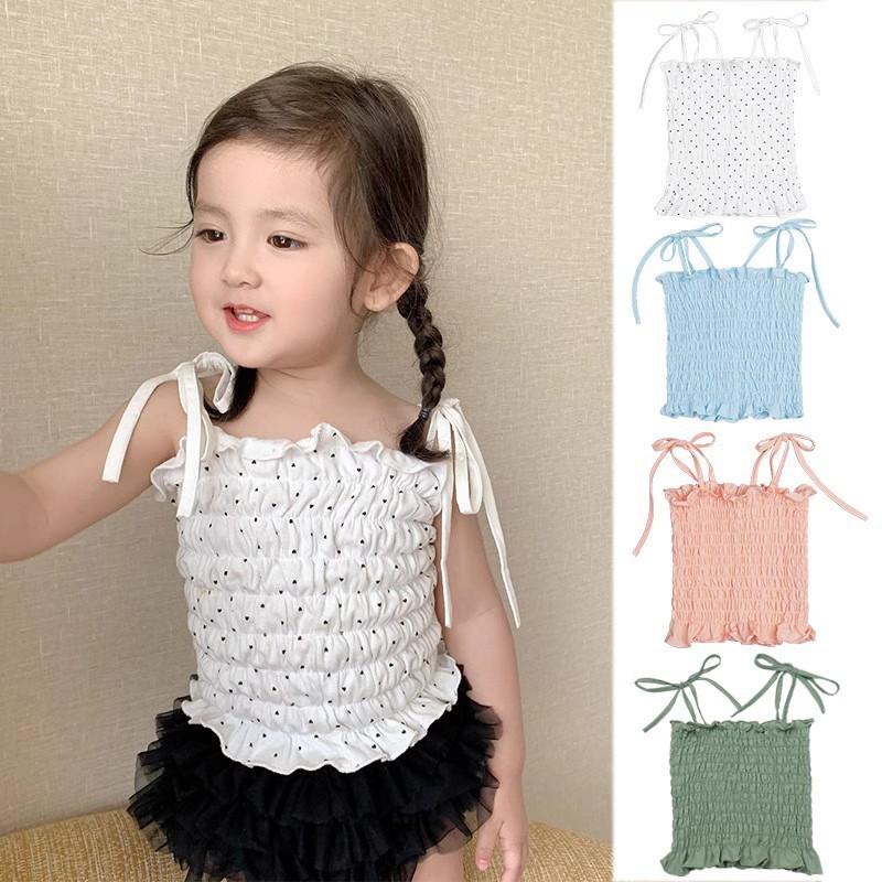 Girls' summer new bow strap pleated tutu skirt top cute all-match small camisole