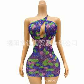 混彩设计镂空露背多色水钻欧美礼服酒会派对晚礼服演出短裙七巧板