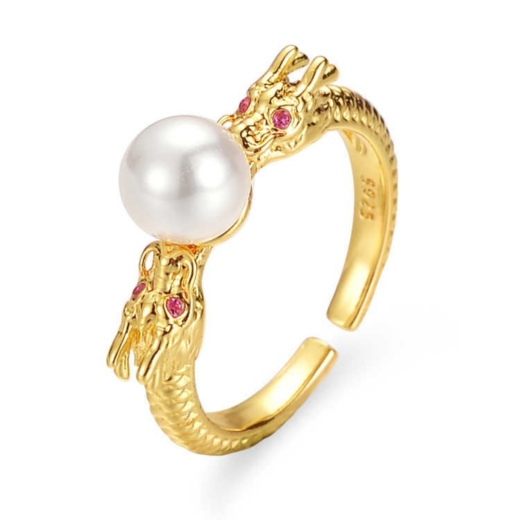 原创设计珍珠龙戒指女本命年双龙戏珠中指招财进宝开口指环高级感