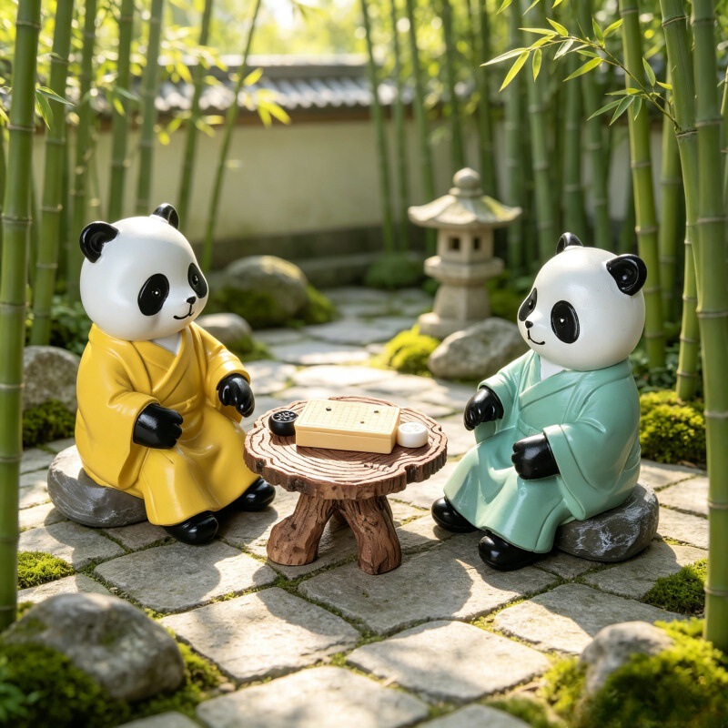 Cute Ancient-Style Panda Chess Set Figurine Cartoon Ornament for Tea Room, Study, Office Desk Decoration with Zen-Inspired Healing Effect
