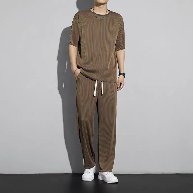 Ice Silk Sports suit Men's Summer Thin 2023 New Casual Long Pants Short-sleeved T-shirt Quick-drying Clothes Set