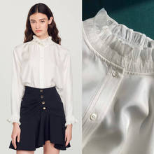 莲花白斜纹绸·法式风格 花边领褶饰宽松利落百搭真丝长袖衬衫