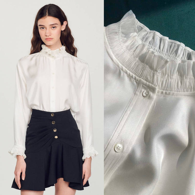 Lotus white twill silk · French style lace collar pleated loose and neat all-match silk long sleeve shirt Lotus white twill silk · French style lace collar pleated loose and neat all-match silk long sleeve shirt