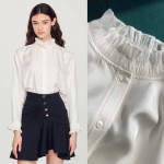 莲花白斜纹绸&middot;法式风格 花边领褶饰宽松利落百搭真丝长袖衬衫