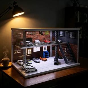 Миниатюрная автомастерская с подсветкой и пылезащитным чехлом 1:64