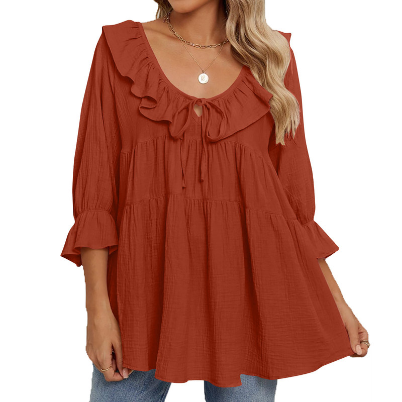 2026 European and American Amazon Women's Round-Neck Casual Tie-Front Pleated Multi-Layer Loose Waist-Cinching Shirt Autumn Clothing