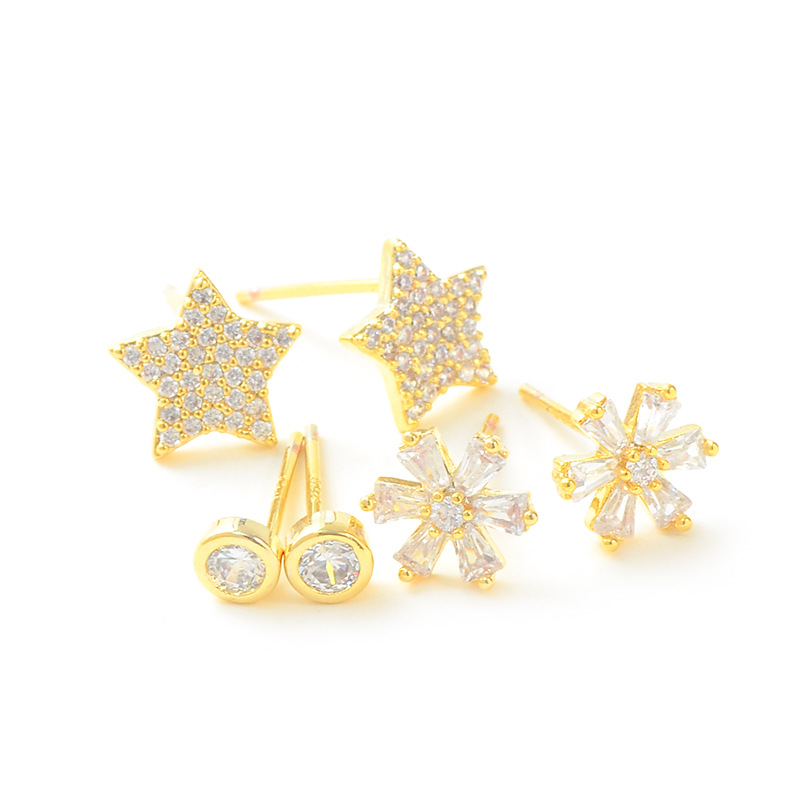 Fashion Star Flower Copper Inlay Zircon Ear Studs 3 Pairs display picture 7