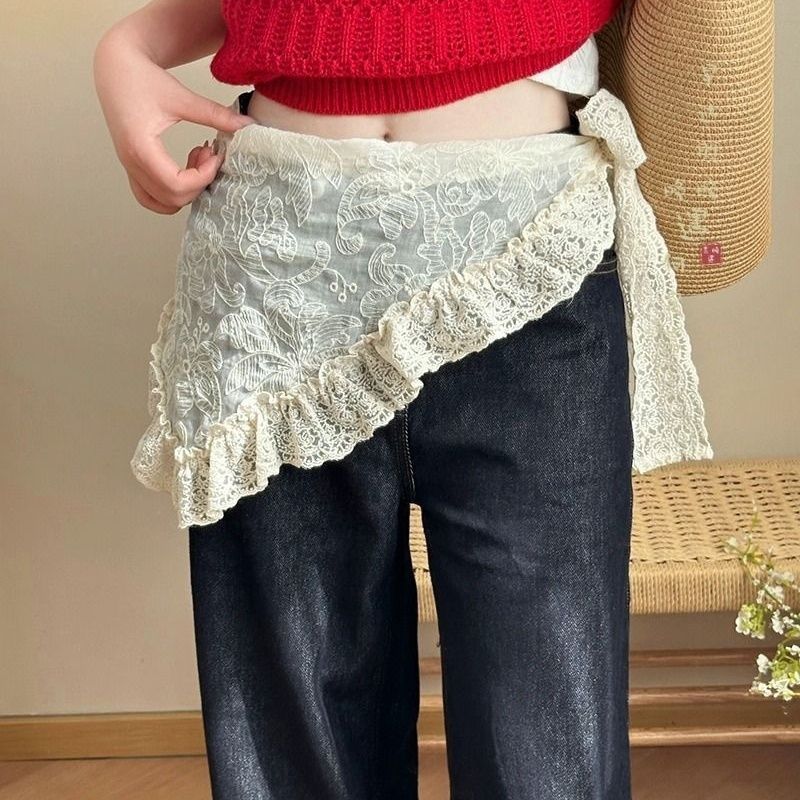 2025 Lace Skirt with Jeans for Women Summer Headscarf Sweet Style Layered Skirt Curtain Butt Curtain Triangle Scarf