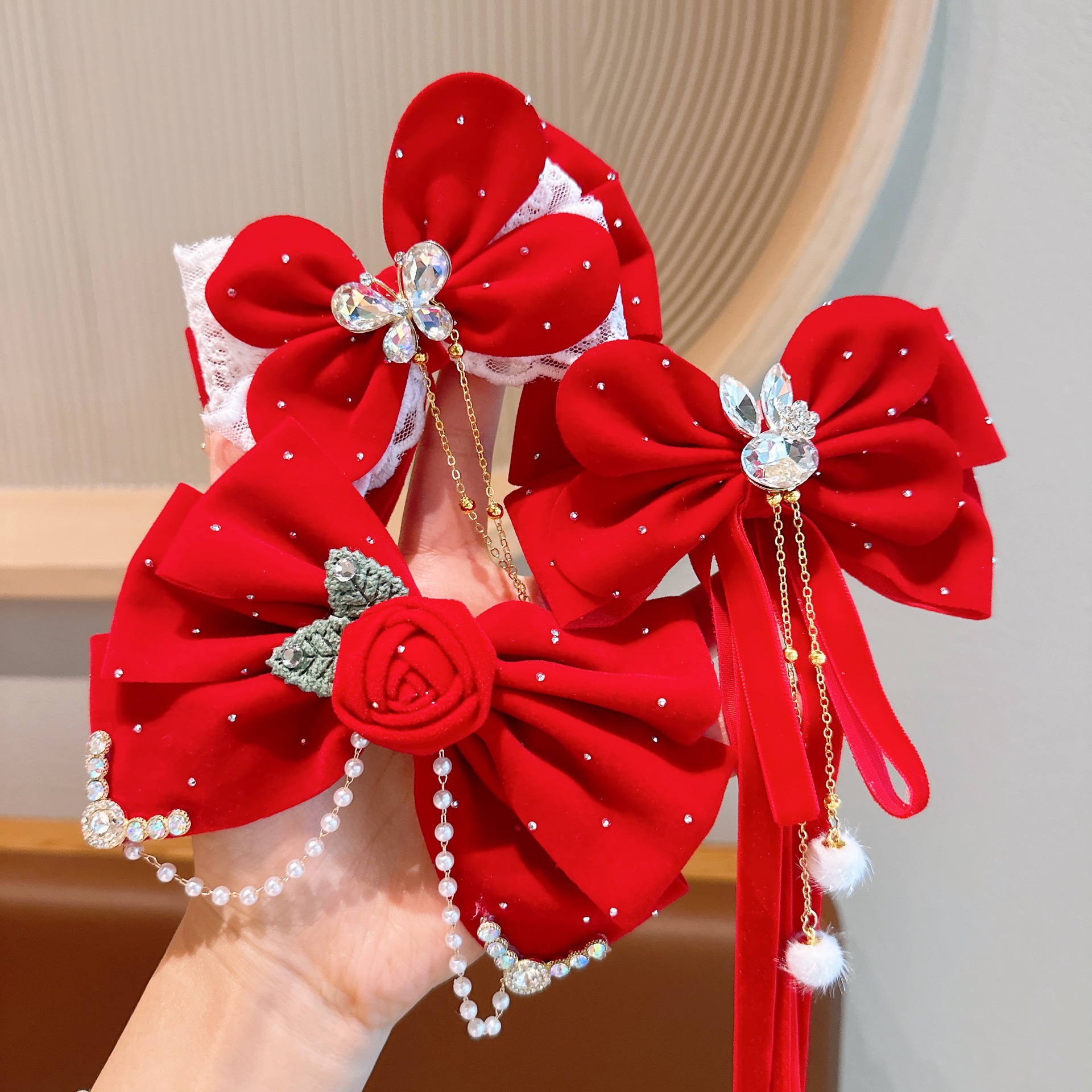 2025 Año Nuevo niños clip de boca de pato rojo correa de viento chino tarjeta de cabello para niñas adornamientos de cabello de Año Nuevo clip de cabello de arco