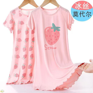 Girls' Nightgown Ice Silk Modal Baby Summer Thin Pajamas for Older Children 12 Summer Short-Sleeved 10 Home Pajamas
