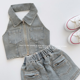 Girls Outer Wear Foreign Style Denim Vest 2024 New Summer Kidsren's Clothing Versatile Pure Color Baby Summer Camisole