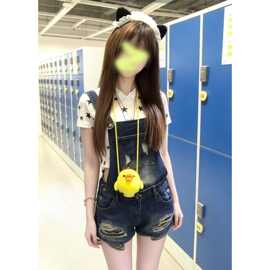 美式2026夏季新款复古辣妹破洞牛仔背带短裤水洗呆萌甜酷设计连体