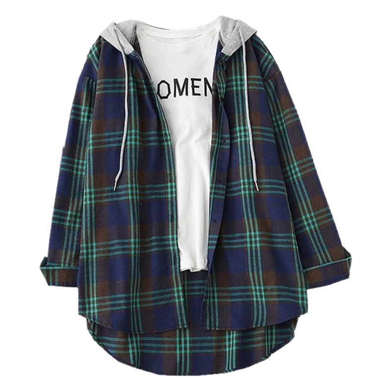 Весна Лето Осень Клетчатая Рубашка Женская Ретро Стиль Гонконг INS Свободный Кардиган С Капюшоном Куртка Рубашка