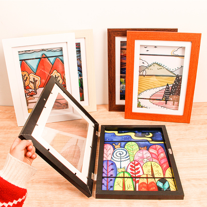 歐美熱品A4尺寸兒童長方形磁吸翻蓋畫框儲存式畫紙畫框木質相框