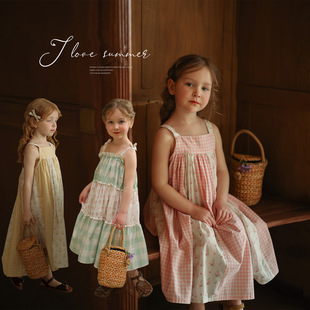 Big Sale Style Kidsren's Plaid Dress 2025 Summer Girls Pastoral Style Floral Splicing Korean Style Suspender Skirt