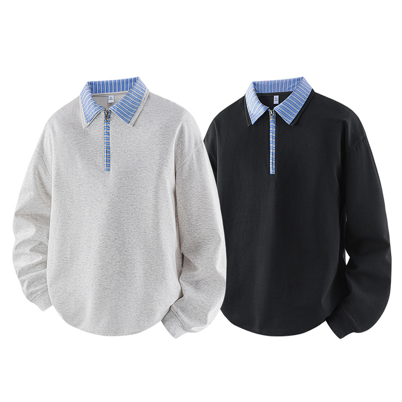 Old Money style polo collar faux two-piece color-block sweatshirt for men, autumn loose-fit drop-shoulder casual long-sleeve top jacket