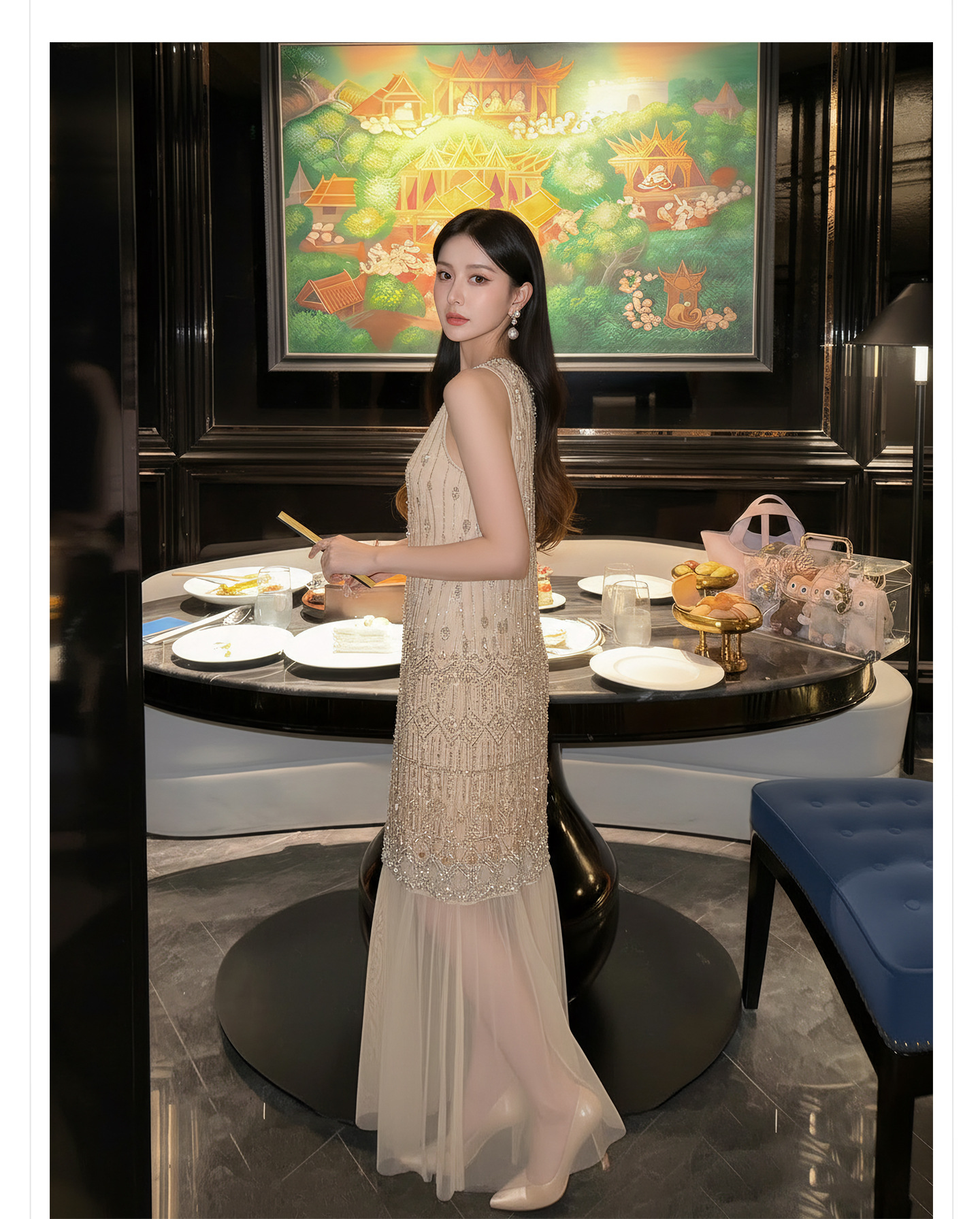 Đầm suông nữ midi không tay phong cách tân cổ điển Trung Quốc, họa tiết sequin lấp lánh — màu trắng ngà chi tiết 10