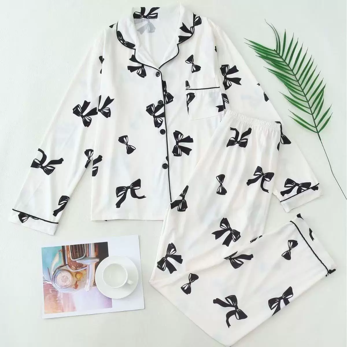 跨境新款女士睡衣夏季蝴蝶结印花翻领长袖长裤欧美女士家居服套装