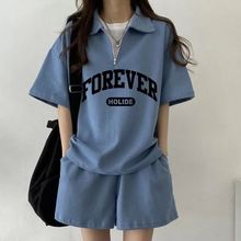 新款少女显瘦休闲圆领网红短袖短裤两件套字母日系运动服套装女潮
