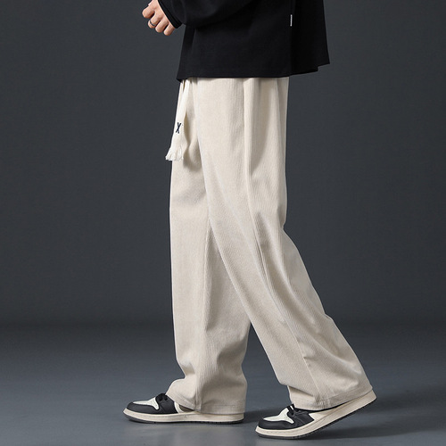Fall/Winter Corduroy Casual Pants for Men, Solid-Color Floor-Length Trousers—Trendy Spring/Summer Wide-Leg Sports Long Pants