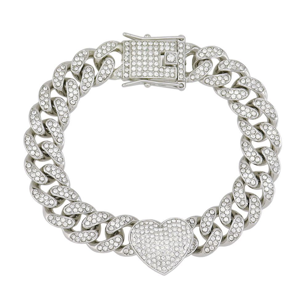 Cuban Link Chain Curb Chain Chain Type Cool Three-Dimensional Fully Jeweled Loving Heart Heart-Shaped Creative Cuban Link Chain Bracelet Hip Hop Style Couple Bracelet Bracelet