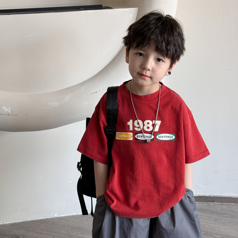 夏子供服新しい子供プリント半袖 Tシャツボーイズレターダメージレトロ半袖トップストリートファッション T|undefined