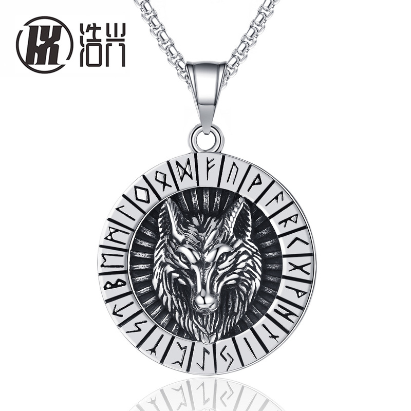 Hip Hop Cool Viking Rune Wolf Head Pendant Necklace Retro Stainless Steel Men's Wolf Head Necklace Trendy Accessories