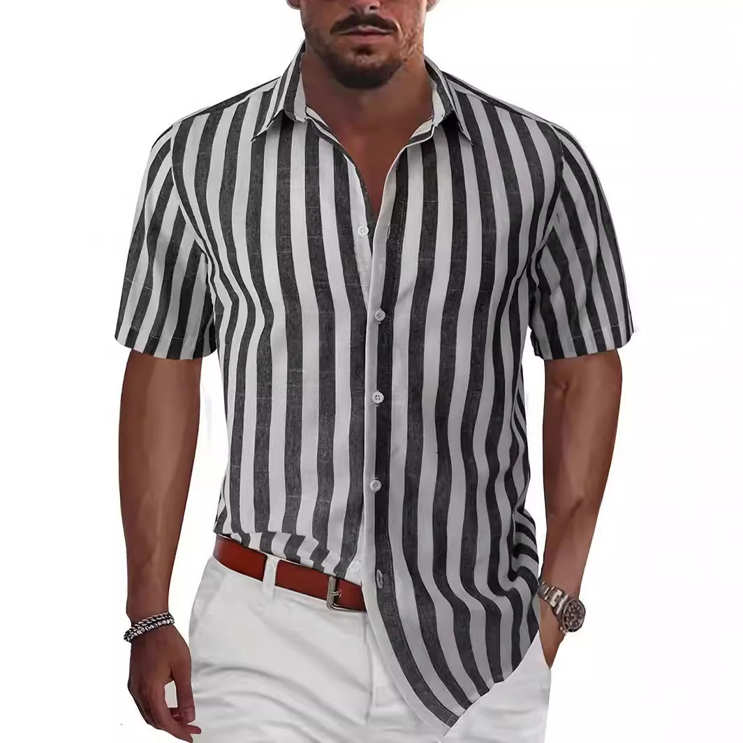 Monochrome Man – Grenzüberschreitendes Sommerhemd für Herren im europäischen und amerikanischen Stil: Strand, Freizeit, Sport, gestreift, Kurzarm, Umlegekragen_voghion.com